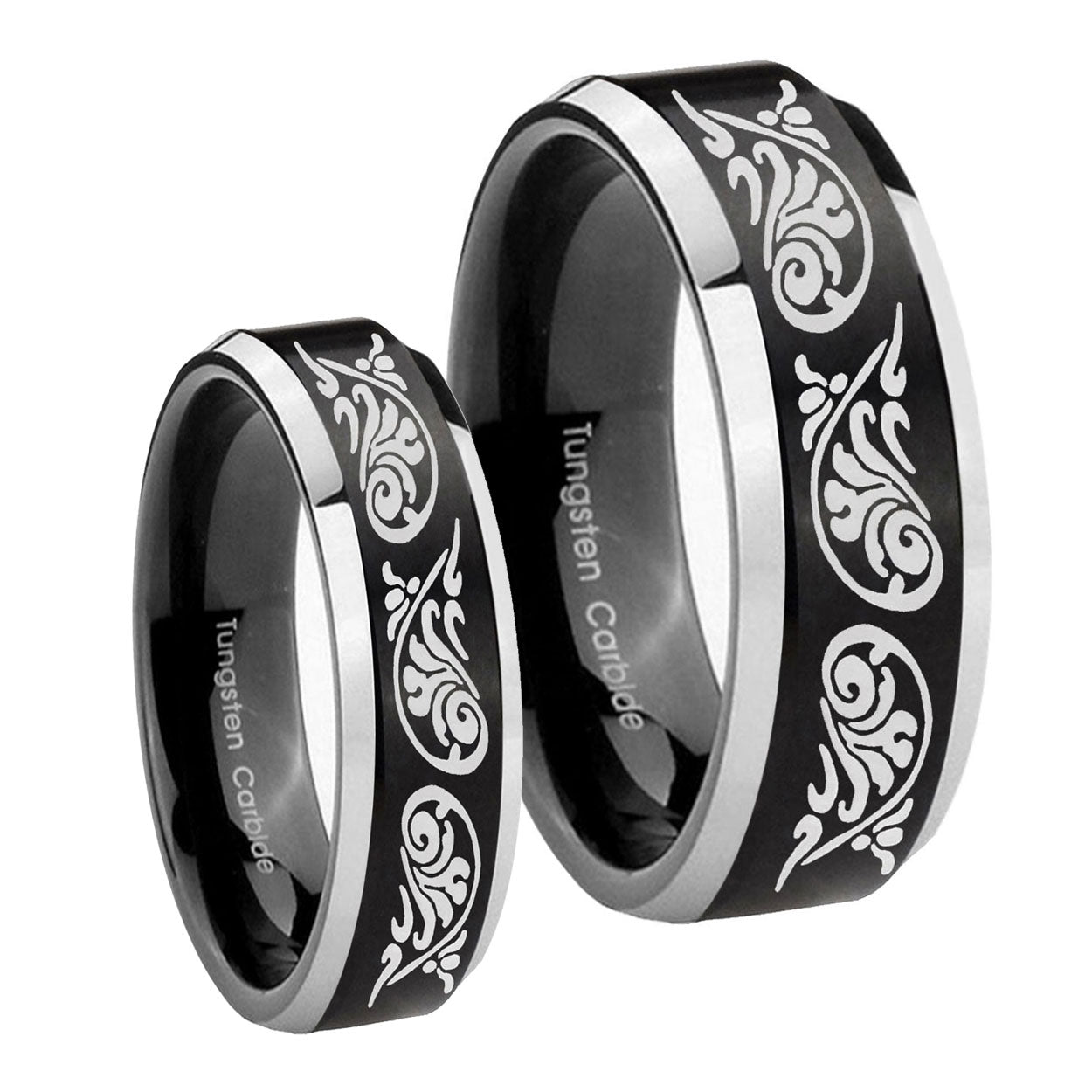 Etched Tribal Pattern Beveled Brush Black 2 Tone Tungsten Bridal Ring Sets