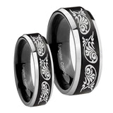 His Hers Etched Tribal Pattern Beveled Brush Black 2 Tone Tungsten Rings Set