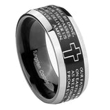 10mm-Bible-Lord's-Prayer-Cross-Beveled-Brush-Black-2-Tone-Tungsten-Mens-Ring-Engraved