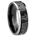10mm Bible Lord's Prayer Cross Beveled Brush Black 2 Tone Tungsten Mens Ring Engraved