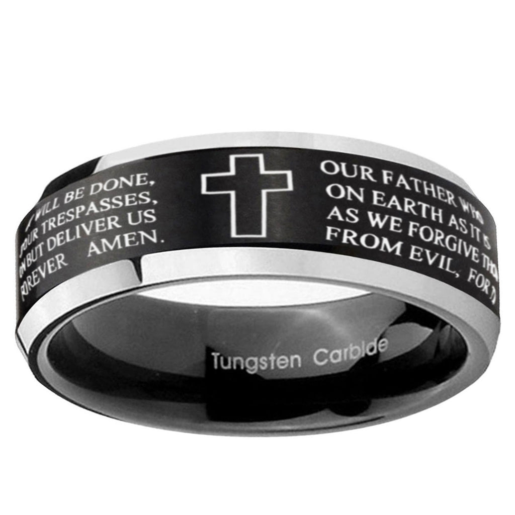 10mm Bible Lord's Prayer Cross Beveled Brush Black 2 Tone Tungsten Ring