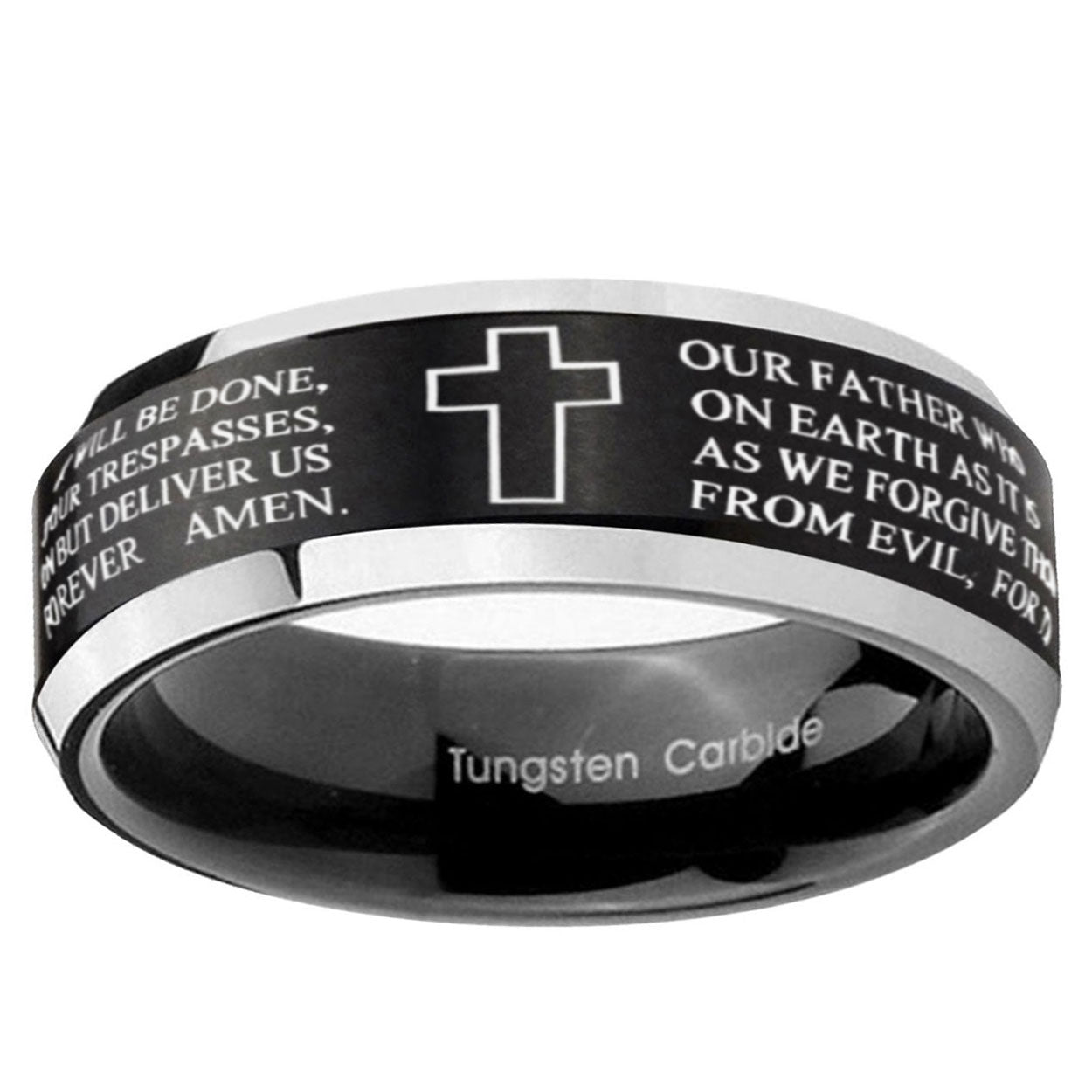 10mm Bible Lord's Prayer Cross Beveled Brush Black 2 Tone Tungsten Ring
