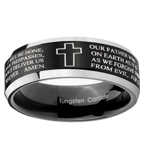 10mm Bible Lord's Prayer Cross Beveled Brush Black 2 Tone Tungsten Ring