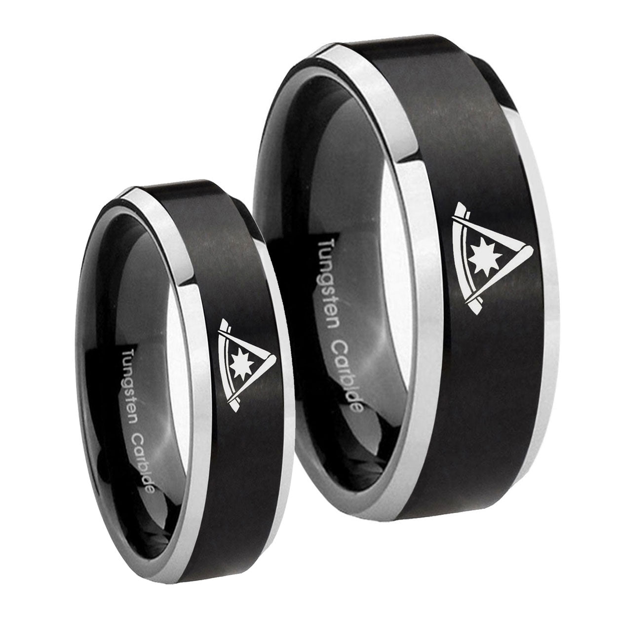 Pester Master Masonic Beveled Brush Black 2 Tone Tungsten Wedding Ring Sets
