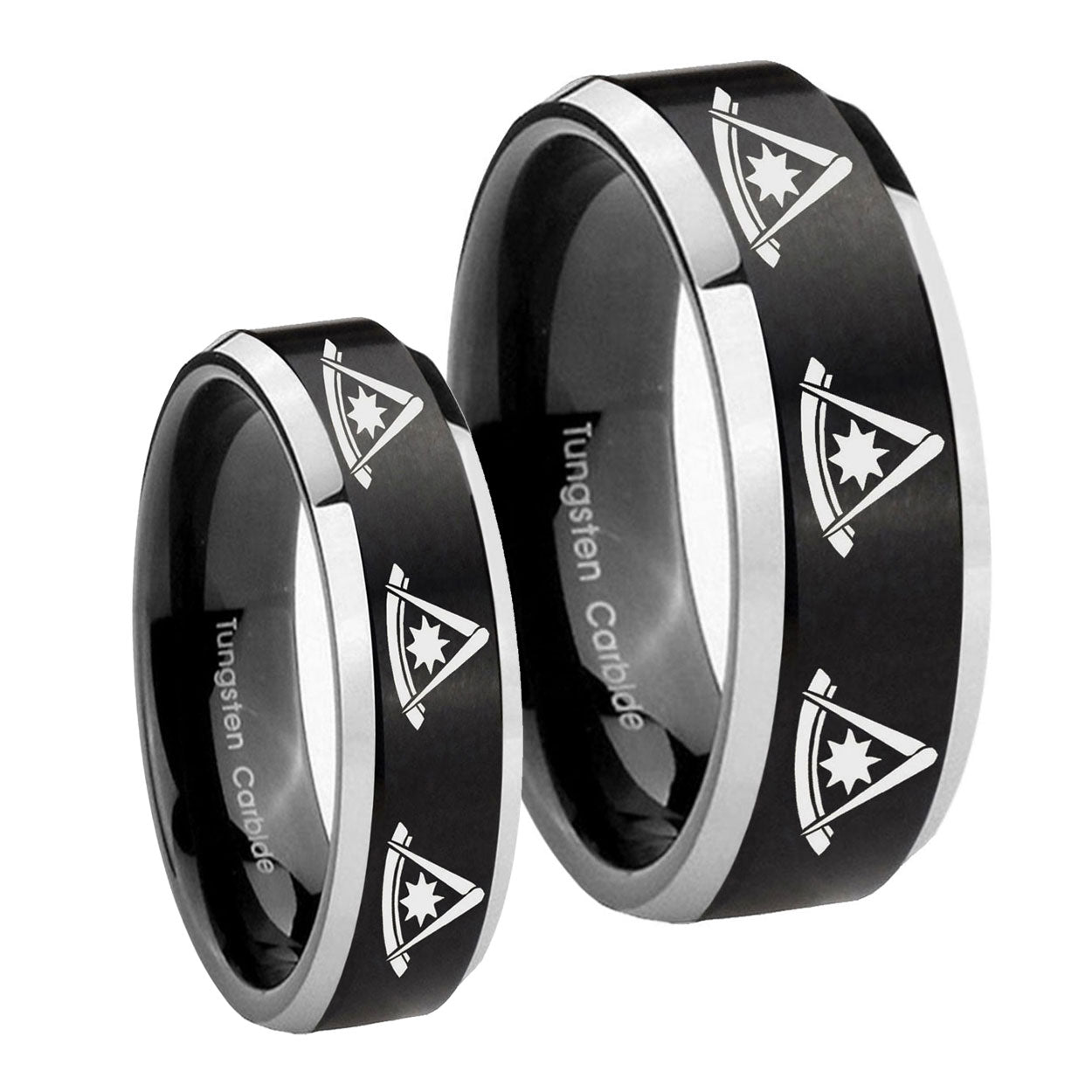 Multiple Pester Master Masonic Beveled Brush Black 2 Tone Tungsten Couple Rings
