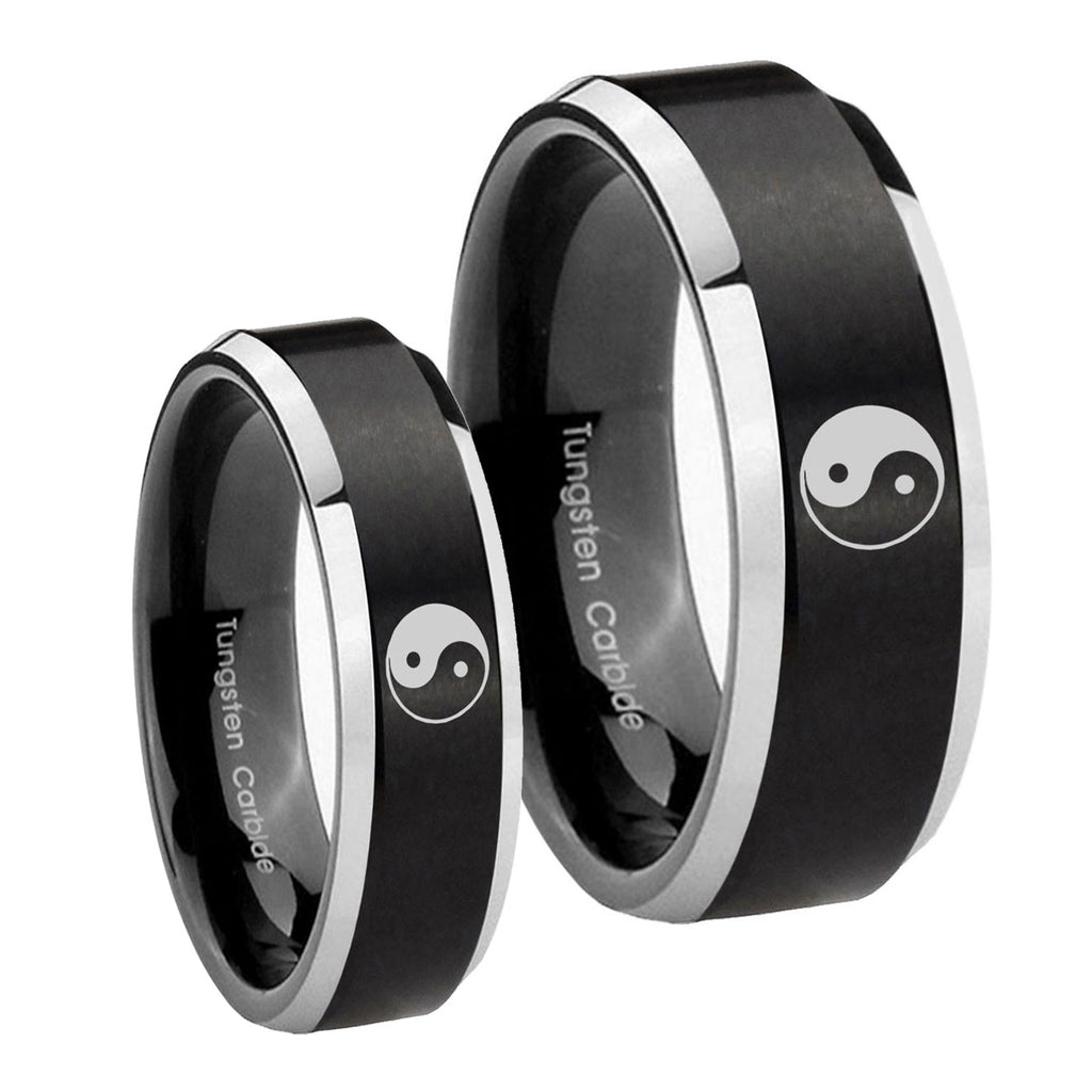 Yin Yang Beveled Edges Brush Black 2 Tone Tungsten Couple Band Set