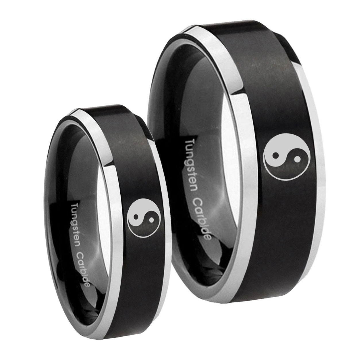 Yin Yang Beveled Edges Brush Black 2 Tone Tungsten Couple Band Set