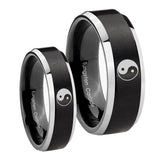 His Hers Yin Yang Beveled Edges Brush Black 2 Tone Tungsten Bands Ring Set