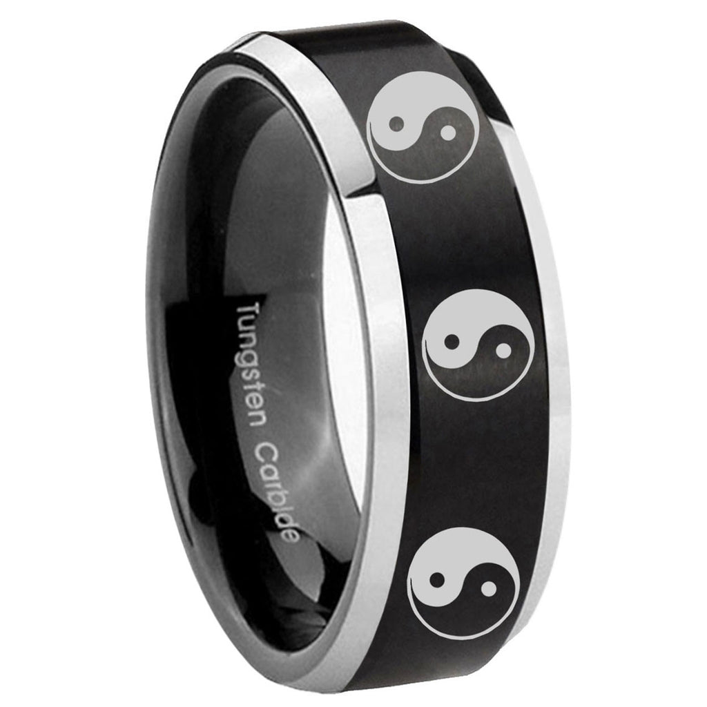 8MM Multiple Yin Yang Beveled Two Tone Black Tungsten Ring Men