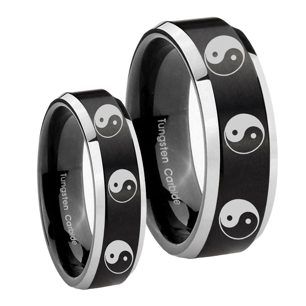 Multiple Yin Yang Beveled Brush Black 2 Tone Tungsten Wedding Set Rings