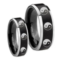 Multiple Yin Yang Beveled Brush Black 2 Tone Tungsten Wedding Set Rings