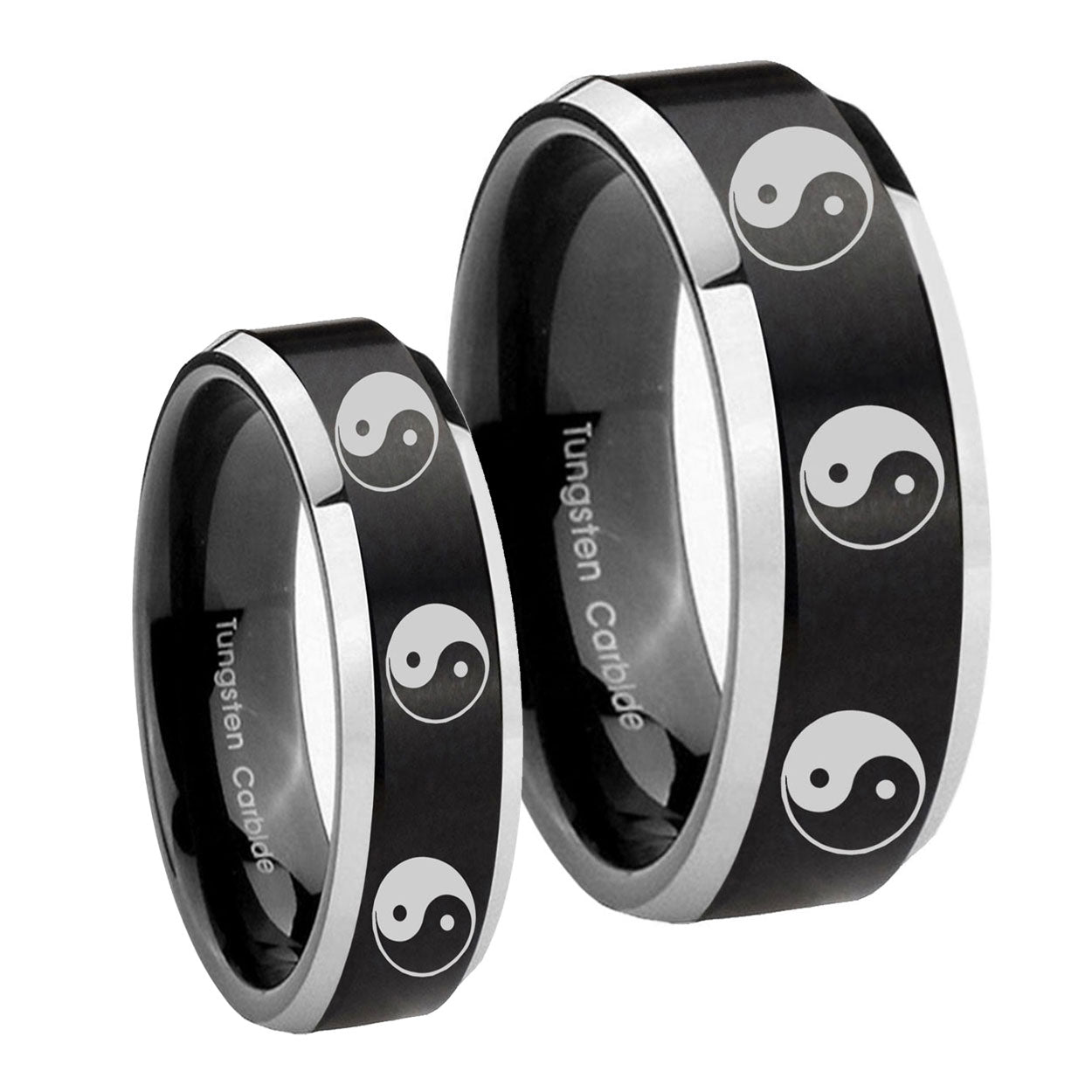 Multiple Yin Yang Beveled Brush Black 2 Tone Tungsten Wedding Set Rings