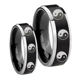 His Hers Multiple Yin Yang Beveled Brush Black 2 Tone Tungsten Custom Mens Ring Set