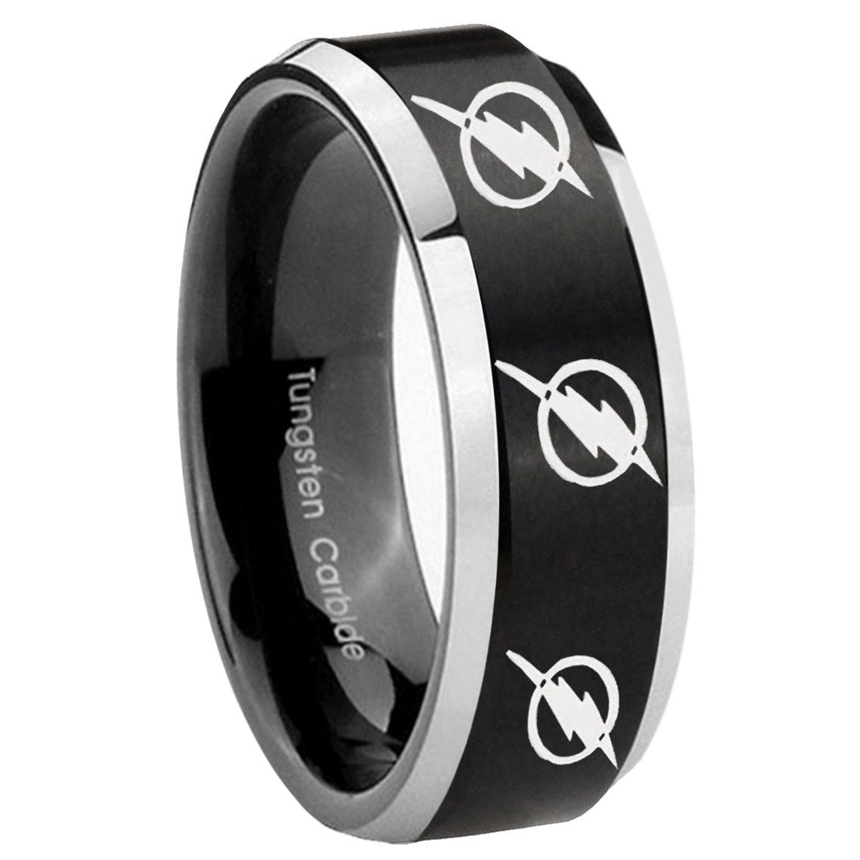 8MM Multiple Flash Beveled Two Tone Black Tungsten Custom Ring