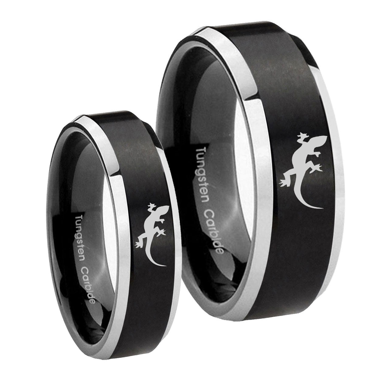 Lizard Beveled Edges Brush Black 2 Tone Tungsten Mens Set Rings