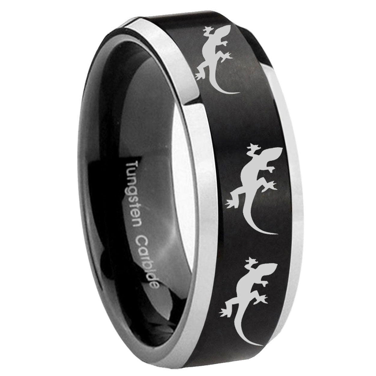 8MM Multiple Lizard Bevel Beveled Two Tone Black Tungsten Mens Ring