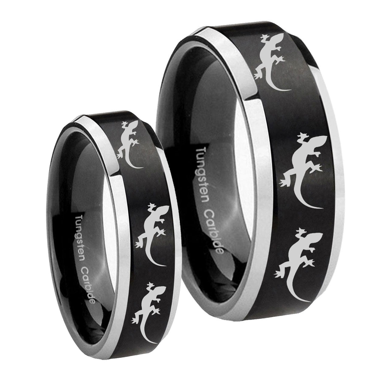 Multiple Lizard Beveled Brush Black 2 Tone Tungsten Bridal Set Rings
