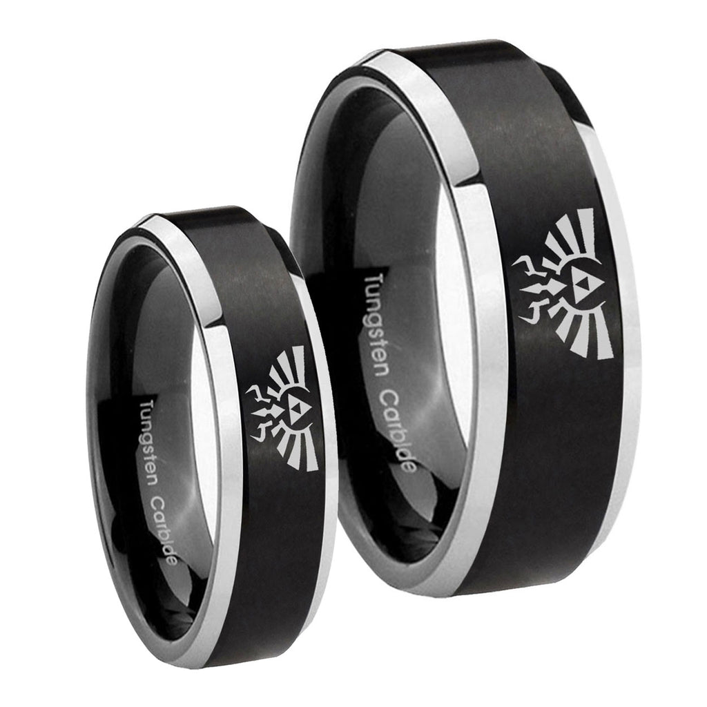 Zelda Skyward Sword Beveled Brush Black 2 Tone Tungsten Mens Set Ring
