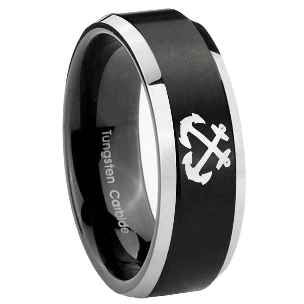 8MM Anchor Beveled Two Tone Black Tungsten Custom Ring