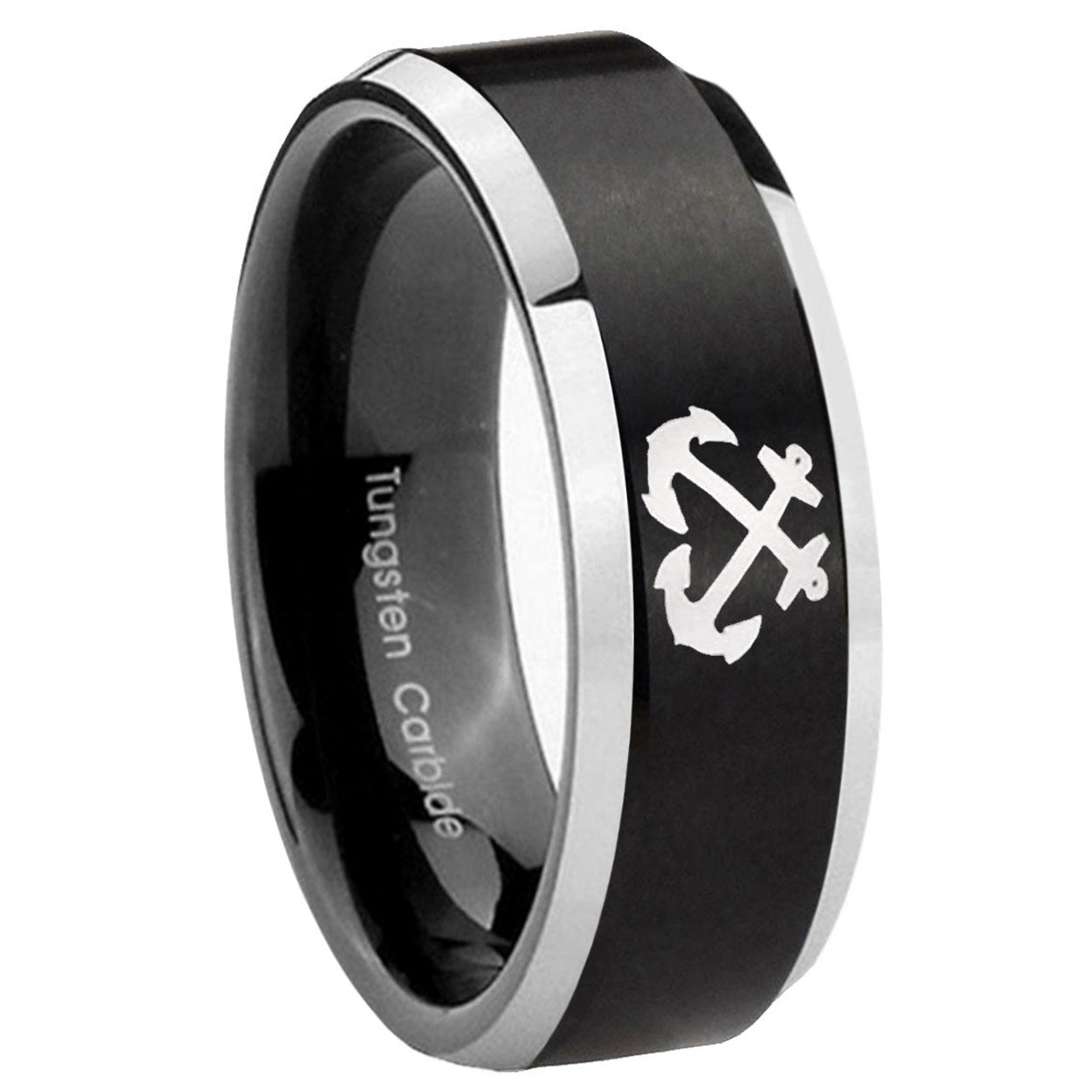 8MM Anchor Beveled Two Tone Black Tungsten Custom Ring