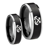 His Hers Anchor Beveled Edges Brush Black 2 Tone Tungsten Engraved Ring Set