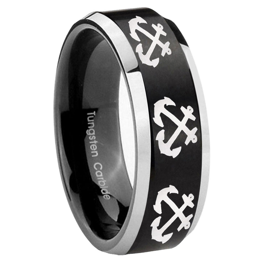 10mm Multiple Anchor Beveled Brush Black 2 Tone Tungsten Men's Promise Rings