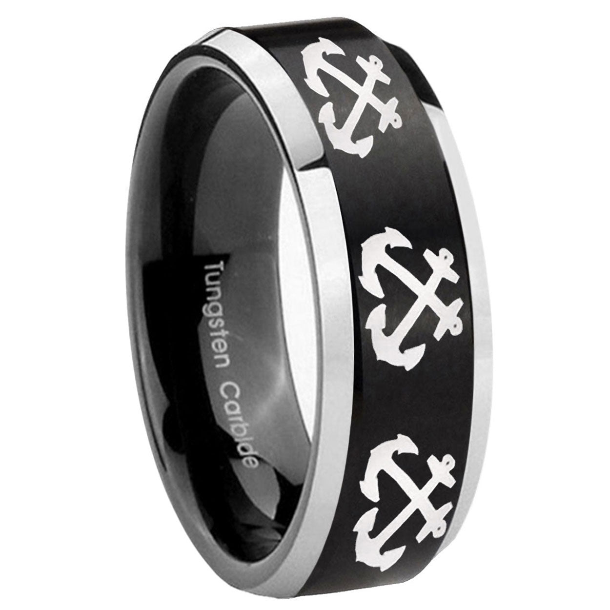10mm Multiple Anchor Beveled Brush Black 2 Tone Tungsten Men's Promise Rings