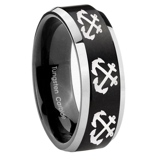 10mm Multiple Anchor Beveled Brush Black 2 Tone Tungsten Men's Promise Rings