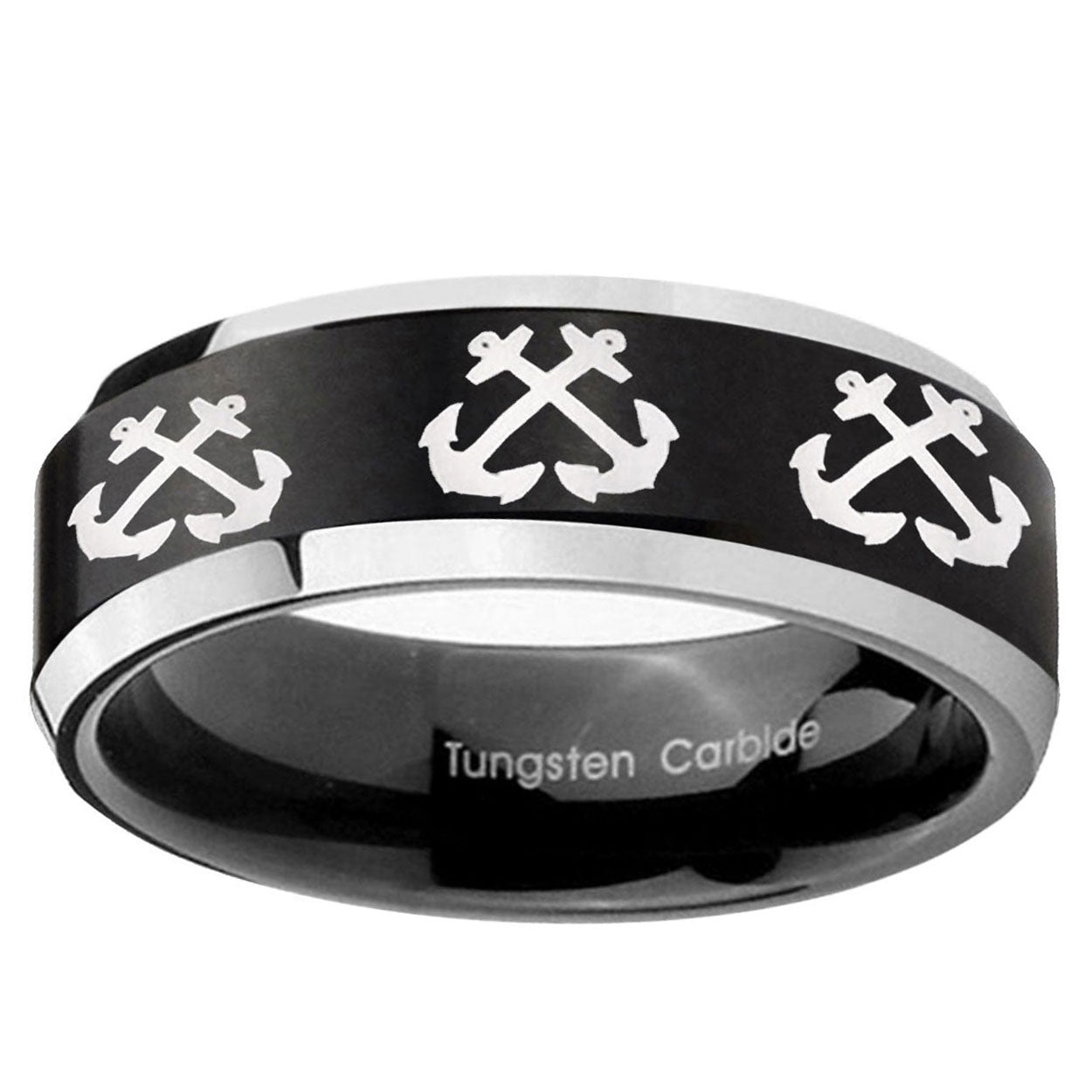 5MM Multiple Anchor Bevel Beveled Two Tone Black Tungsten Ring Men