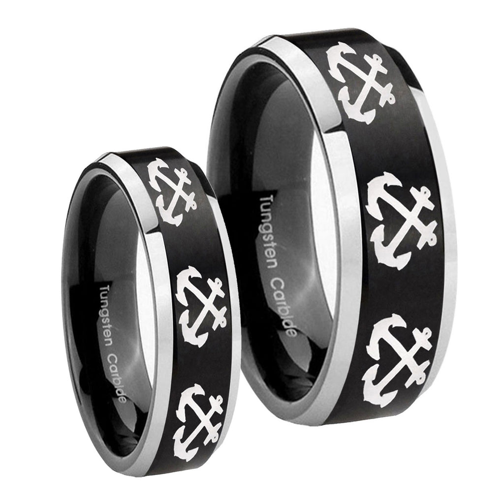 Multiple Anchor Beveled Brush Black 2 Tone Tungsten Couple Rings