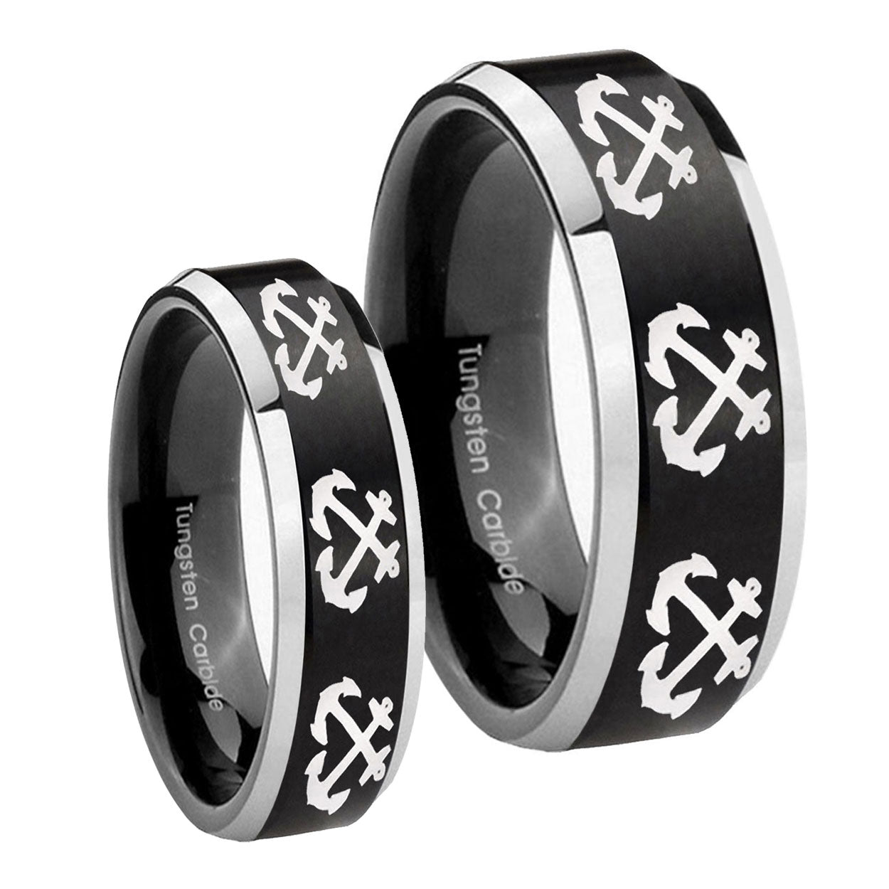 Multiple Anchor Beveled Brush Black 2 Tone Tungsten Couple Rings