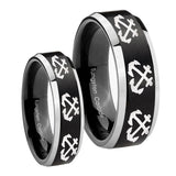 His Hers Multiple Anchor Beveled Brush Black 2 Tone Tungsten Men's Ring Set
