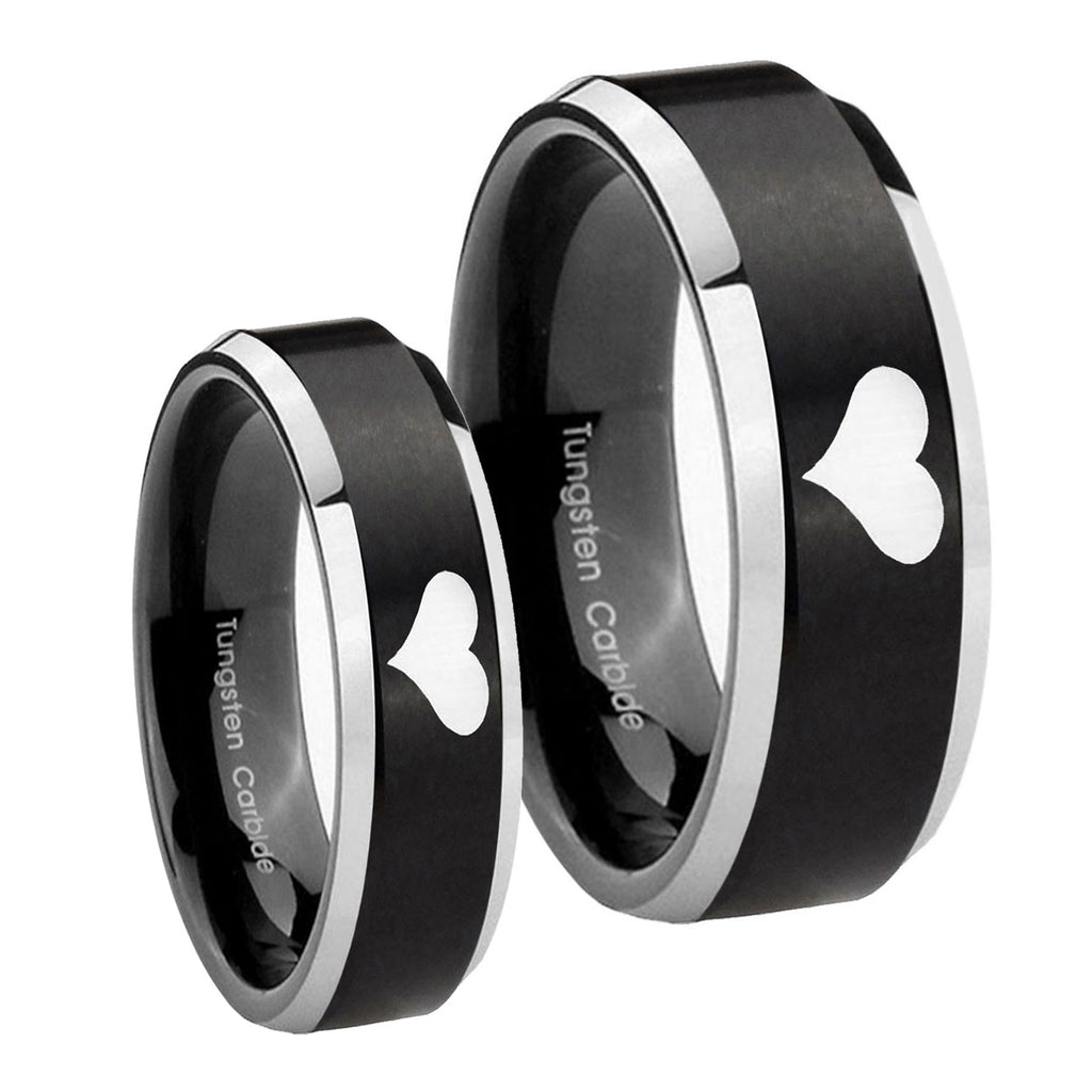 Heart Beveled Edges Brush Black 2 Tone Tungsten Wedding Set Rings