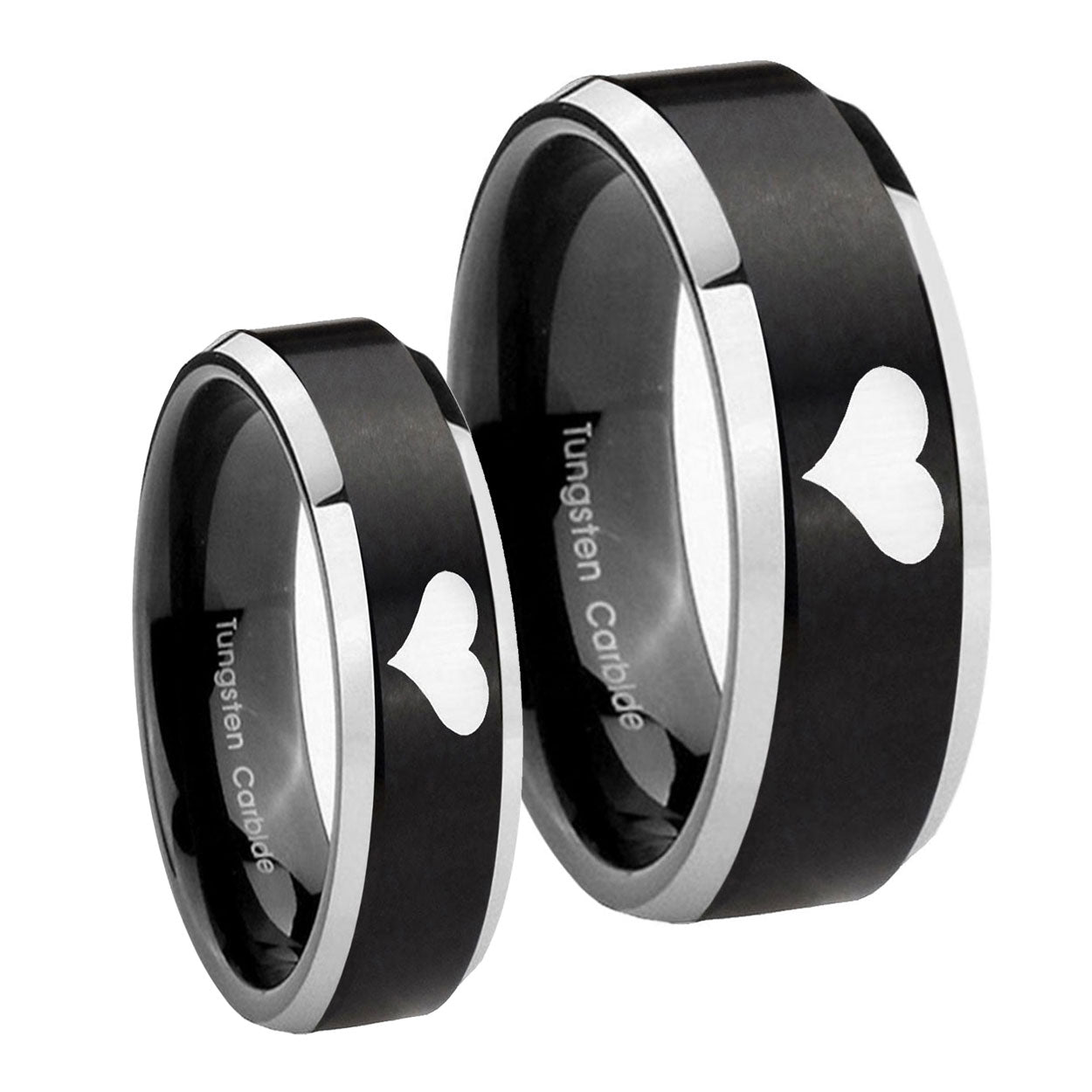 Heart Beveled Edges Brush Black 2 Tone Tungsten Wedding Set Rings