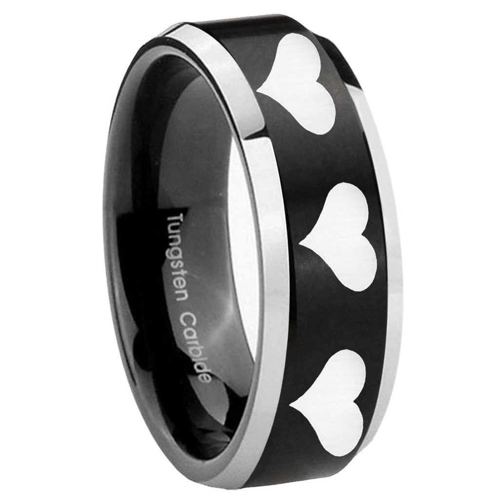 10mm Multiple Heart Beveled Edges Brush Black 2 Tone Tungsten Personalized Ring