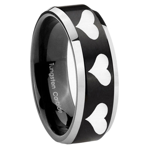 10mm Multiple Heart Beveled Edges Brush Black 2 Tone Tungsten Personalized Ring