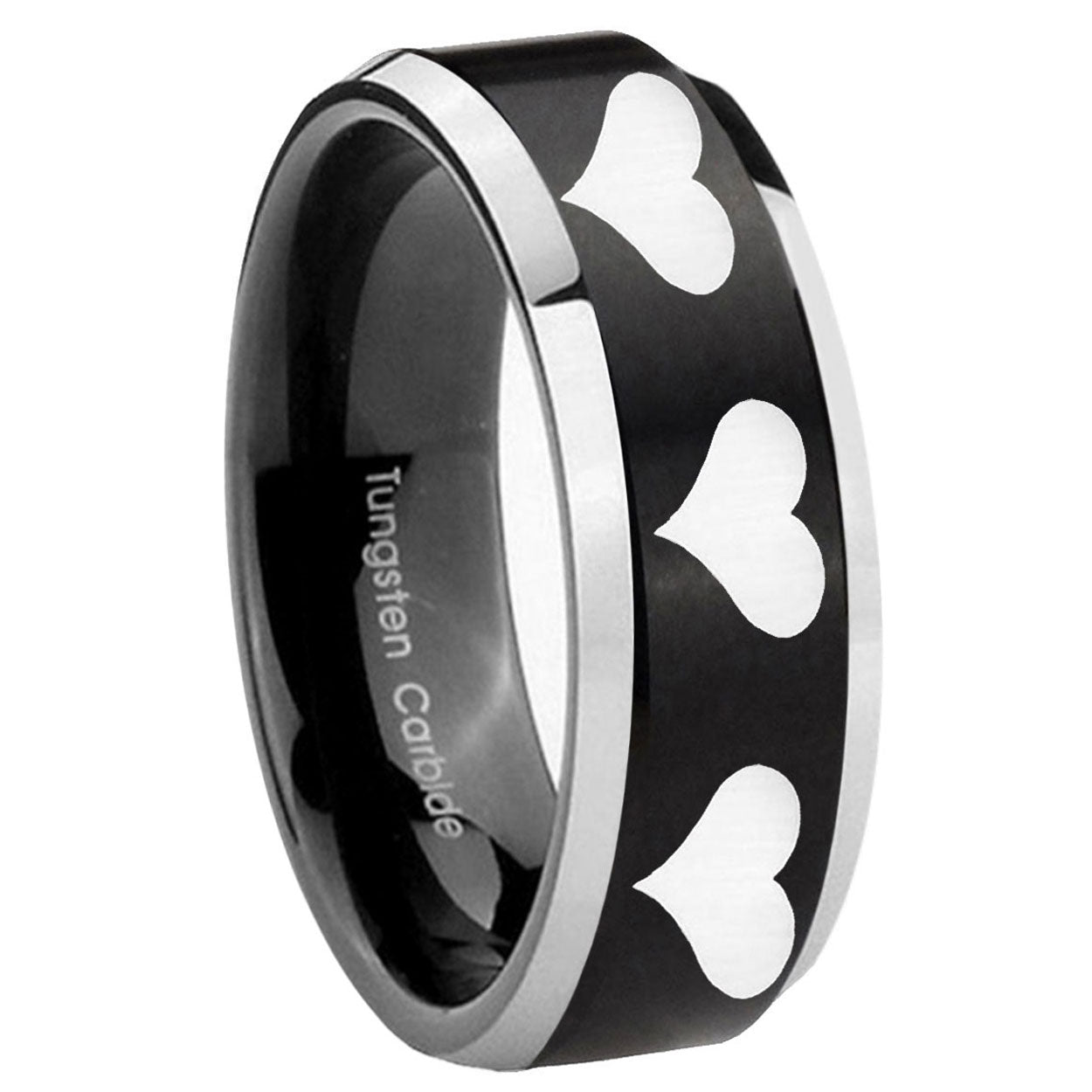 8MM Multiple Heart Beveled Two Tone Black Tungsten Mens Ring