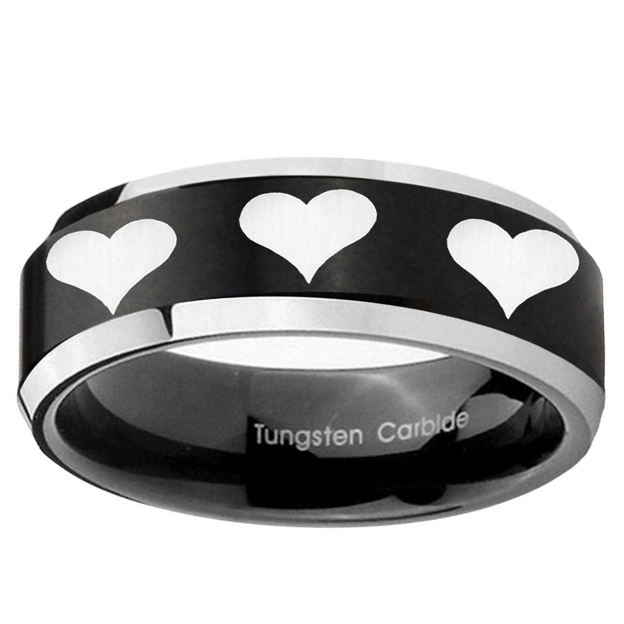 10mm Multiple Heart Beveled Edge Brush Black 2 Tone Tungsten Ring