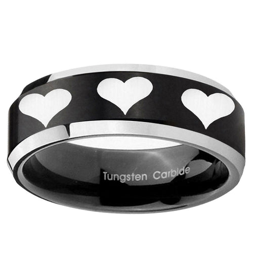 10mm Multiple Heart Beveled Edge Brush Black 2 Tone Tungsten Ring