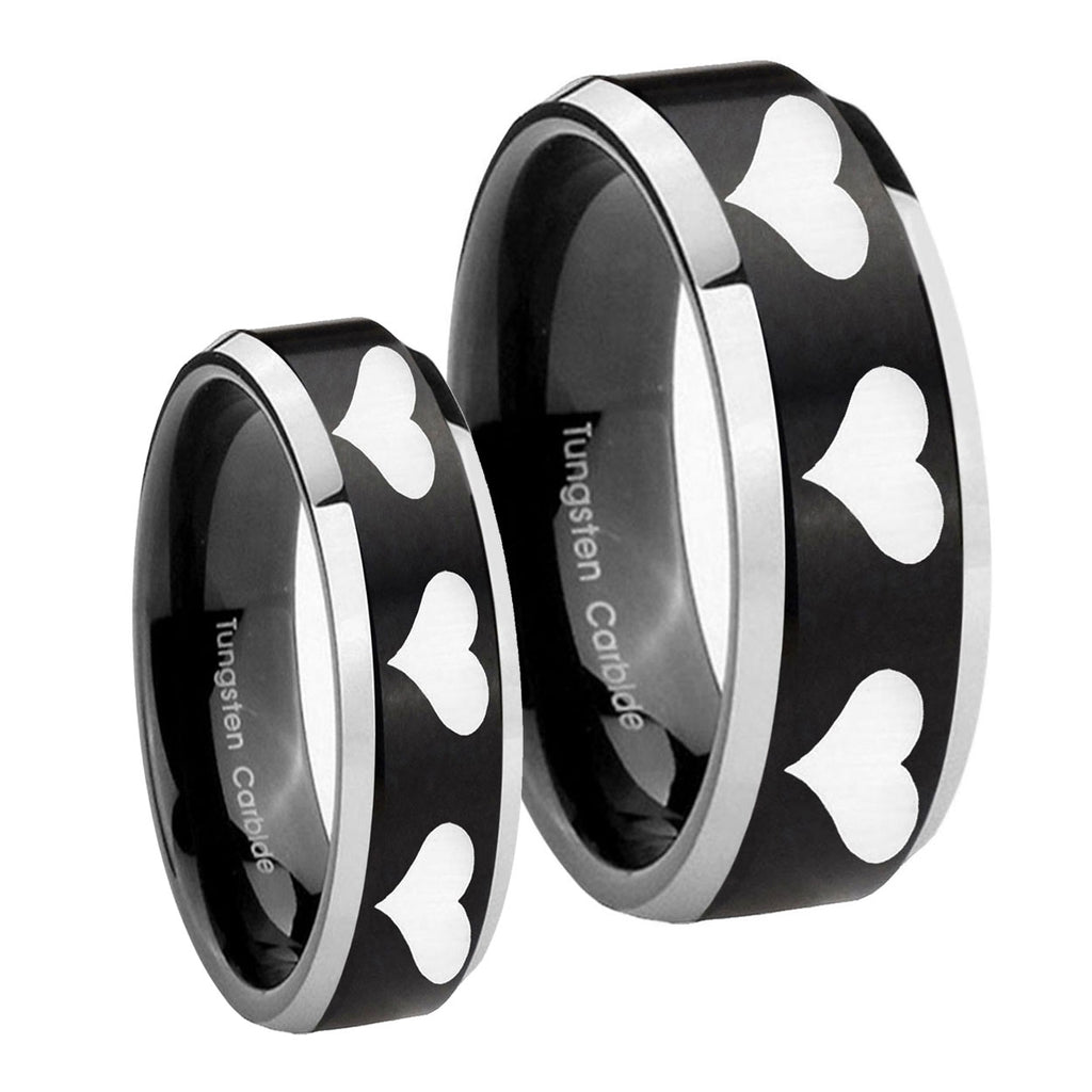 Multiple Heart Beveled Brush Black 2 Tone Tungsten Matching Ring Set