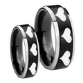 Multiple Heart Beveled Brush Black 2 Tone Tungsten Matching Ring Set