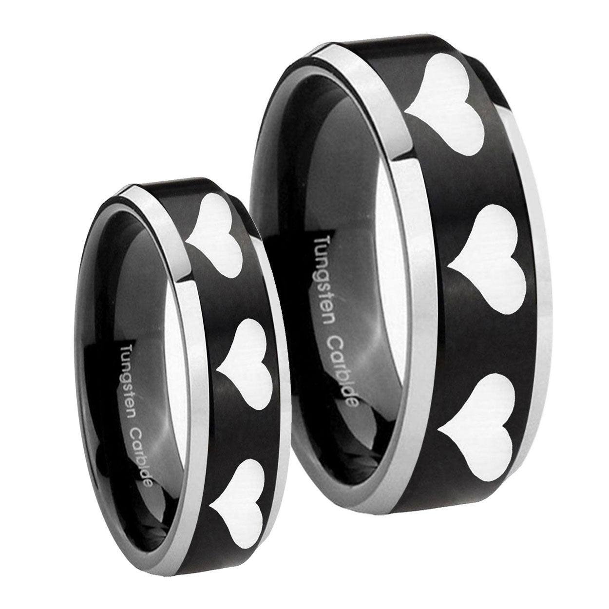 Multiple Heart Beveled Brush Black 2 Tone Tungsten Matching Ring Set