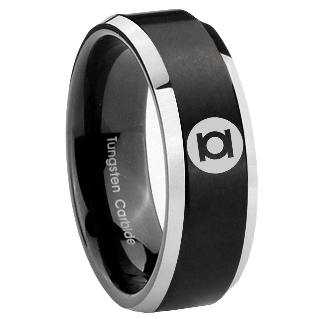 8MM Green Lantern Beveled Two Tone Black Tungsten Male Wedding Band
