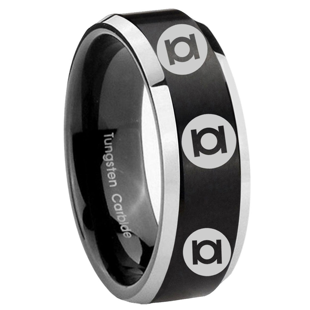 8MM Multiple Green Lantern Beveled Two Tone Black Tungsten Ring For Man
