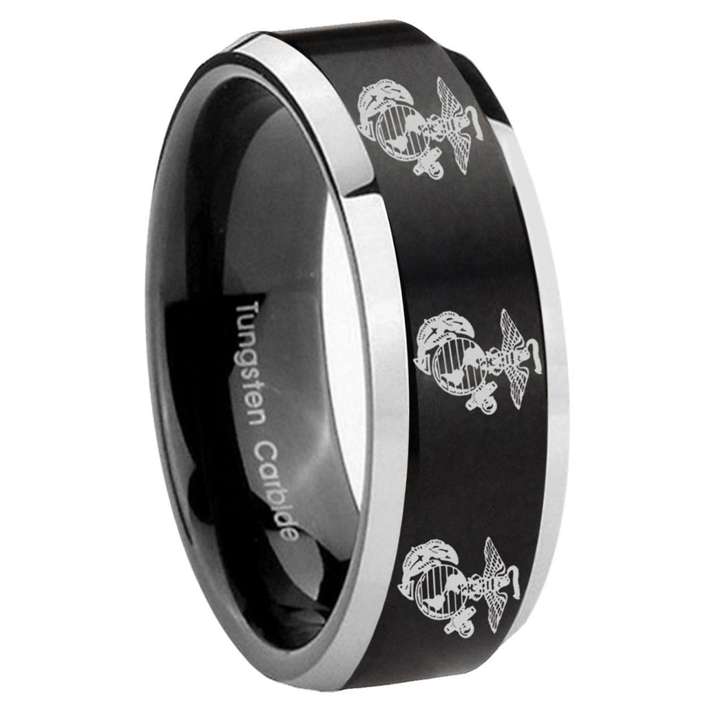 10mm Multiple Marine Beveled Edges Brush Black 2 Tone Tungsten Mens Ring