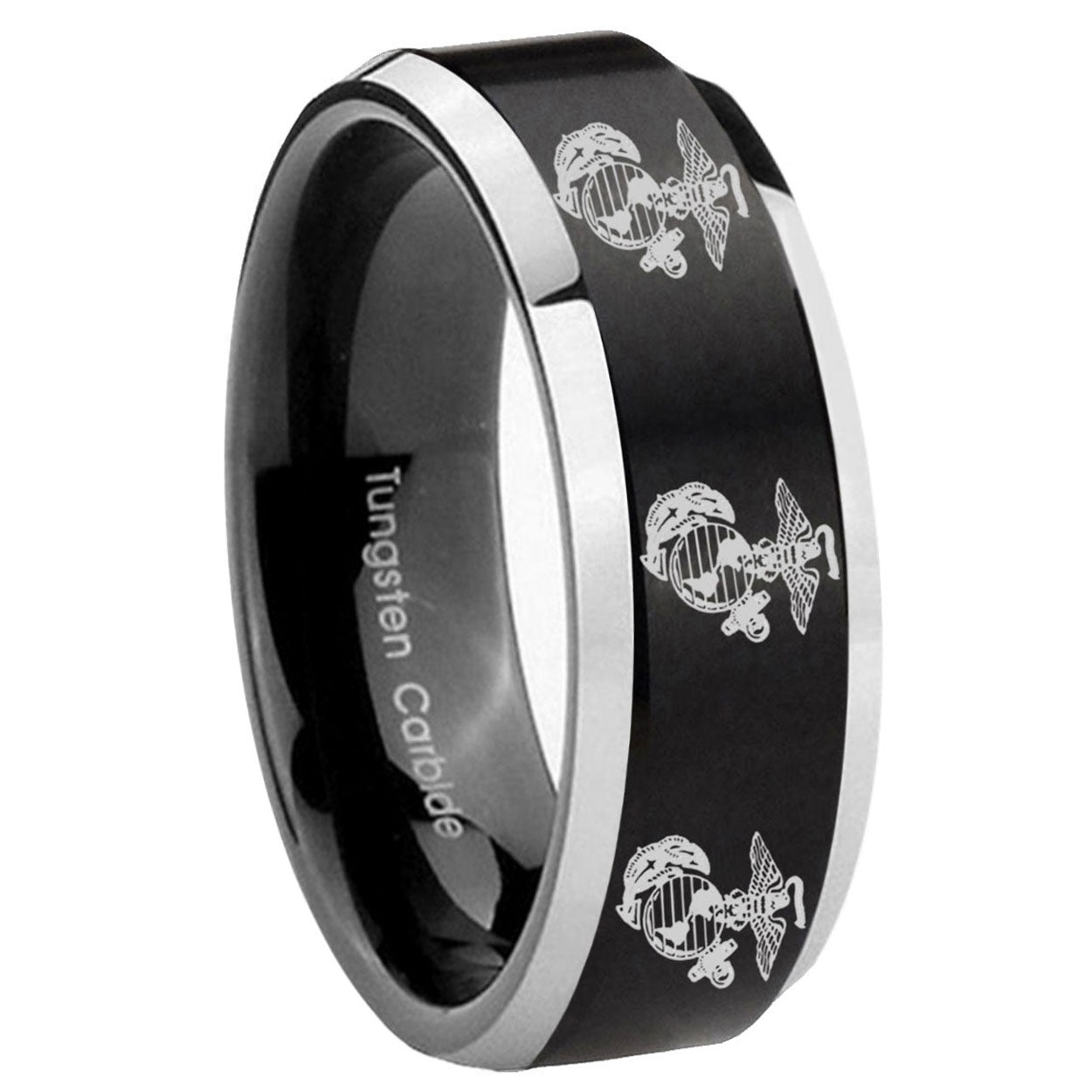 10mm Multiple Marine Beveled Edges Brush Black 2 Tone Tungsten Mens Ring