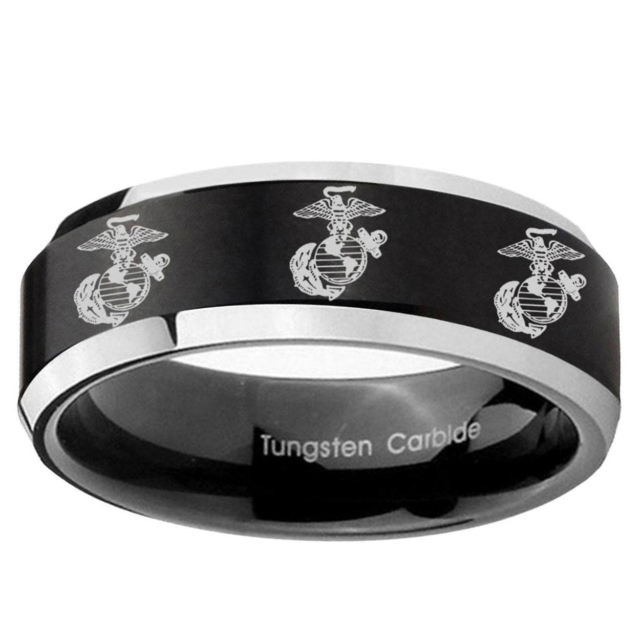 10mm Multiple Marine Beveled Edge Brush Black 2 Tone Tungsten Mens Ring