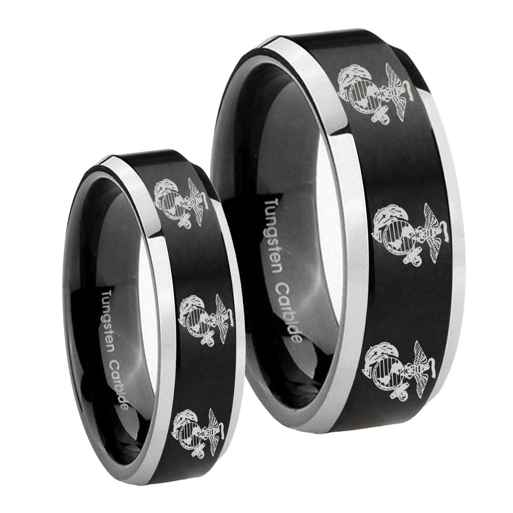 Multiple Marine Beveled Brush Black 2 Tone Tungsten Couple Rings