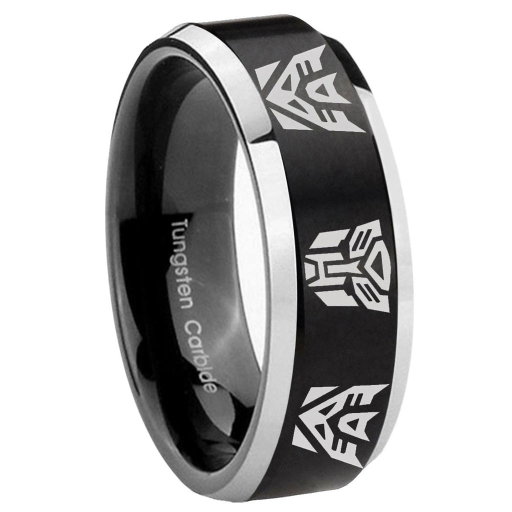 8MM Transformers Autobot Decepticon Beveled Two Tone Black Tungsten Ring