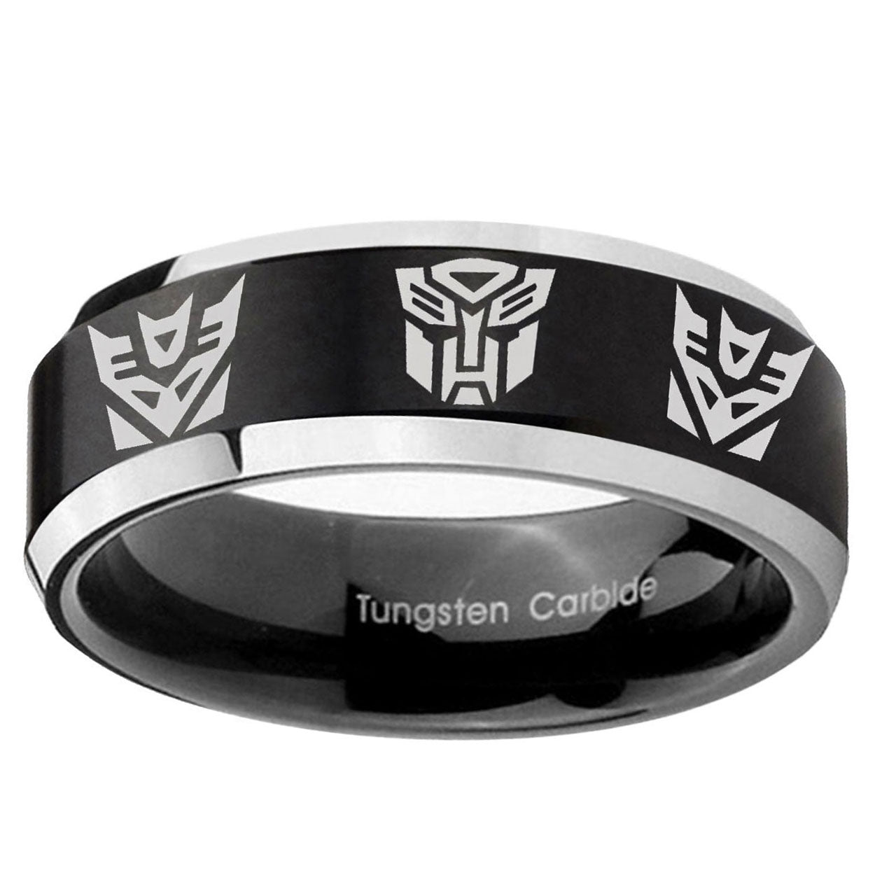 5MM Transformers Autobot Decepticon Beveled Two Tone Black Tungsten Ring